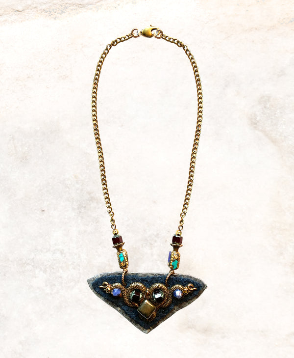 2D SHIELD NECKLACE : Double Serpent on Navy Leather