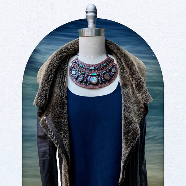 GAIA SHIELD NECKLACE : Turquoise & Abalone Shell on Brown Leather G i l d e d   M a n e