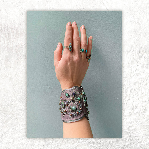 LEATHER CUFF : Zardozi & Turquoise on Warm Grey Leather G i l d e d   M a n e