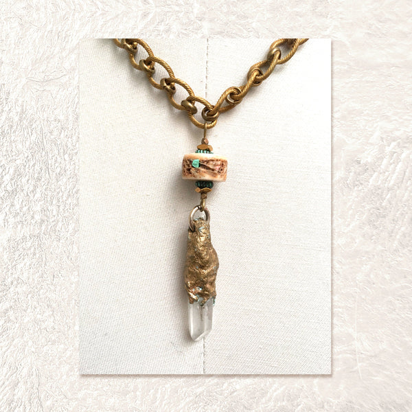PENDANT NECKLACE : Mineral Pendant w/ Vertebrae Disc Inlaid with Turquoise & Coral G i l d e d   M a n e