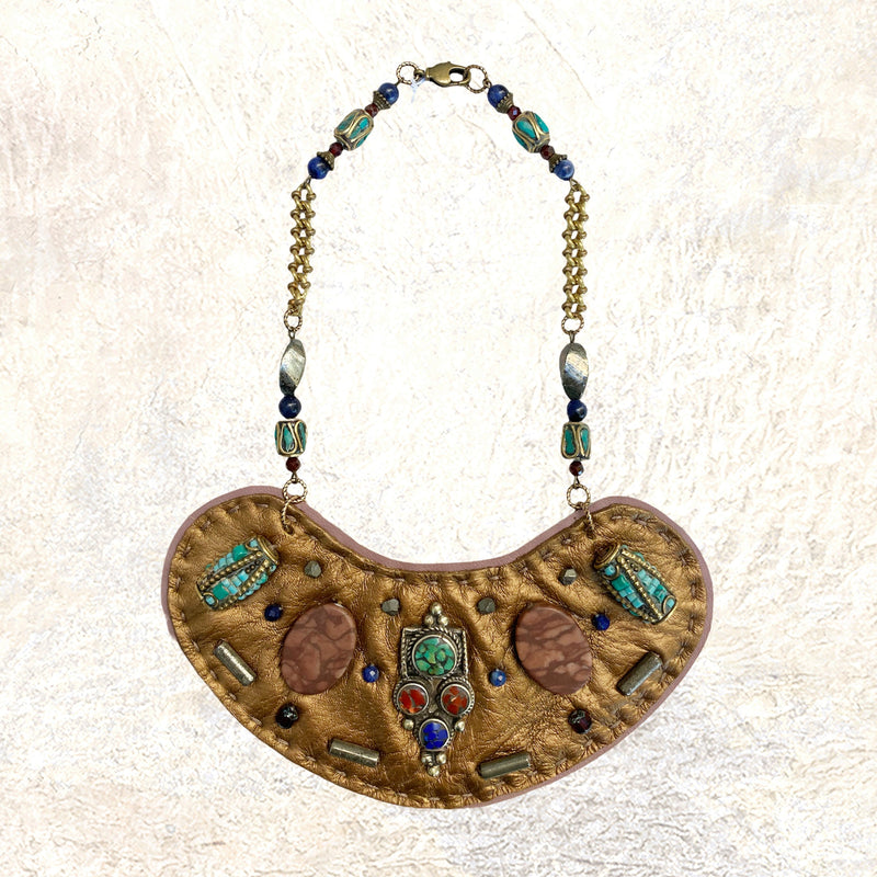 SHIELD NECKLACE : Turquoise & Lapis Inlay on Bronze Leather G i l d e d   M a n e