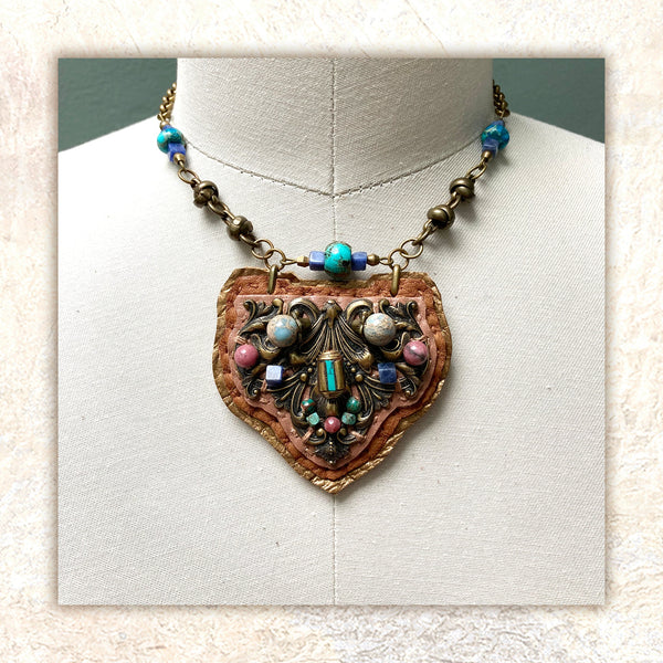 SHIELD PENDANT : Antique Brass and Turquoise on Desert Rose Leather G i l d e d   M a n e