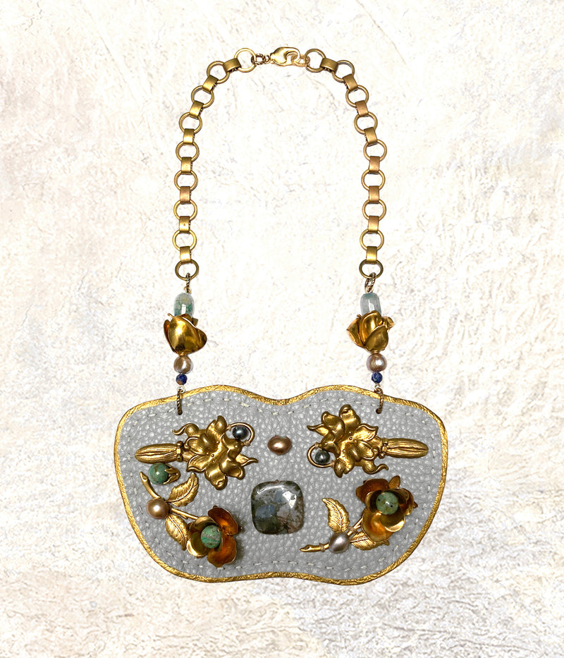 SHIELD NECKLACE : Brass Floral Mosaic