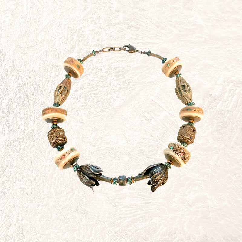 BEADED COLLAR : African Brass Filigree w/ RARE Vintage Shark Vertebrae Discs Inlaid with Turquoise & Coral G i l d e d   M a n e