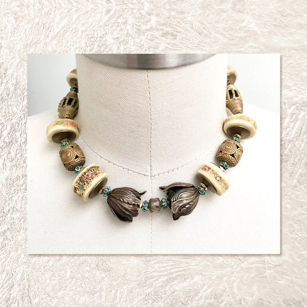 BEADED COLLAR : African Brass Filigree w/ RARE Vintage Shark Vertebrae Discs Inlaid with Turquoise & Coral G i l d e d   M a n e