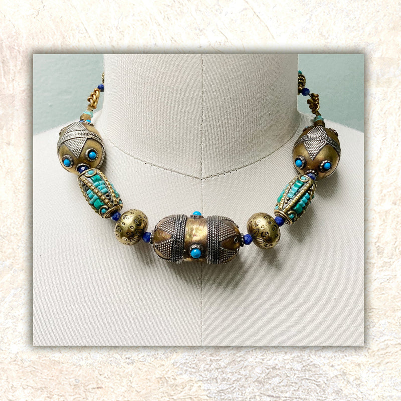 BEADED NECKLACE : Vintage Afghan & Tibetan Beads w/ Turquoise Inlay G i l d e d   M a n e