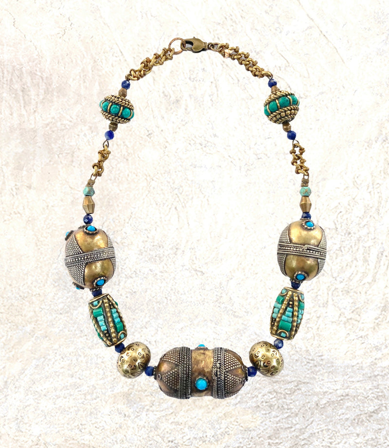 BEADED NECKLACE : Vintage Afghan & Tibetan Beads w/ Turquoise Inlay G i l d e d   M a n e