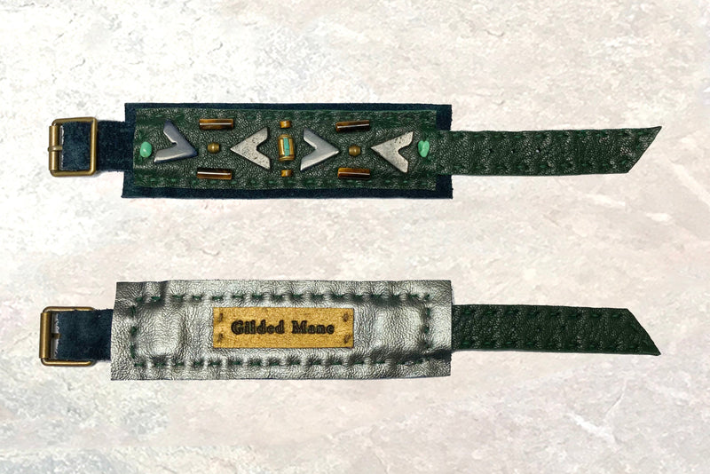 BOYFRIEND BRACELET : Turquoise & Tiger Eye on Emerald Leather G i l d e d   M a n e