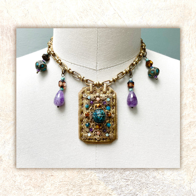 CHARM NECKLACE : Vintage Brass Filigree & Turquoise Inlaid Brass G i l d e d   M a n e