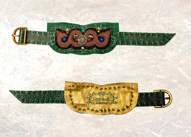CUFF BRACELET : Zardozi Embroidery on Emerald Leather G i l d e d   M a n e
