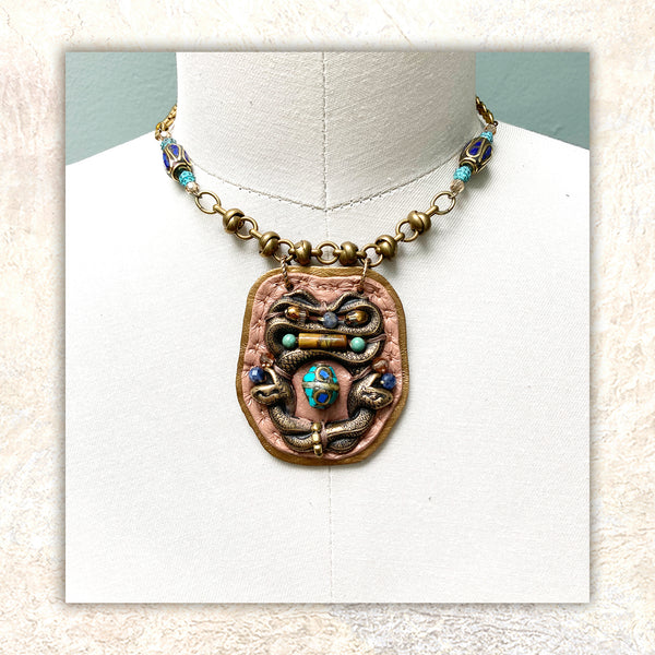 SHIELD PENDANT : Brass Serpent & Turquoise on Dusty Rose Leather