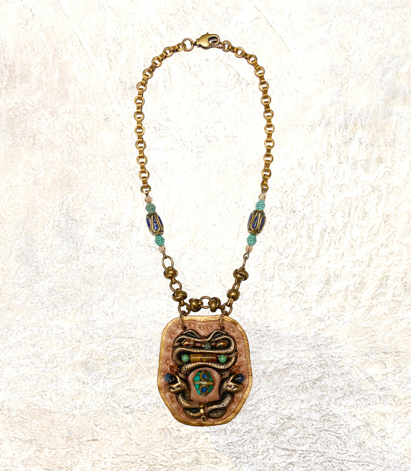 SHIELD PENDANT : Brass Serpent & Turquoise on Dusty Rose Leather