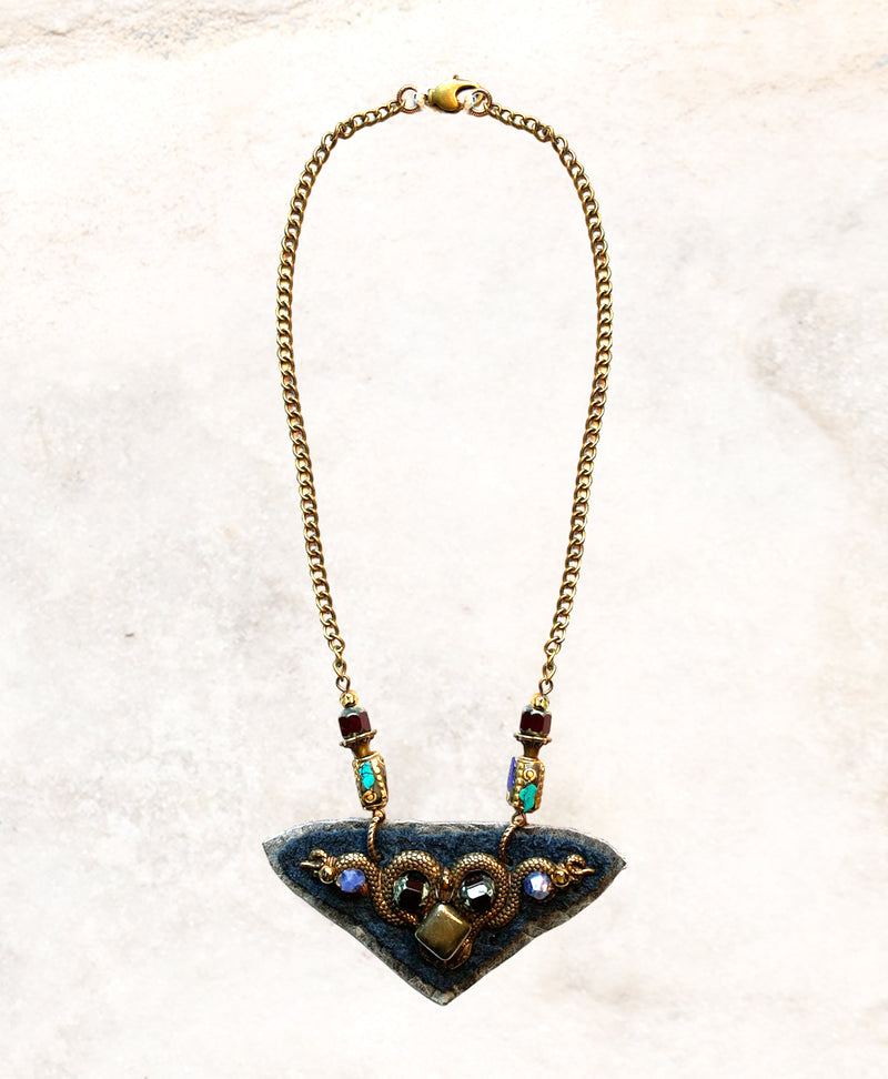 2D SHIELD NECKLACE : Double Serpent on Navy Leather