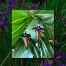 EARRINGS : Antique Brass Calla Lillies w/ Amethyst & Turquoise G i l d e d   M a n e