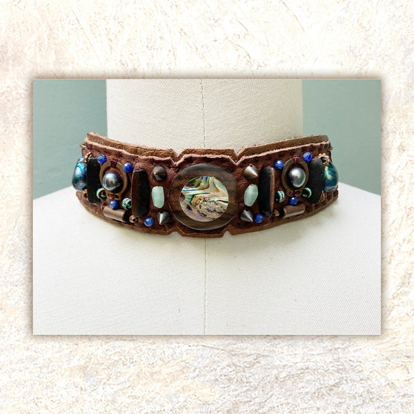 EMBELLISHED CHOKER : Abalone Inlaid Wood on Brown & Copper Leather G i l d e d   M a n e