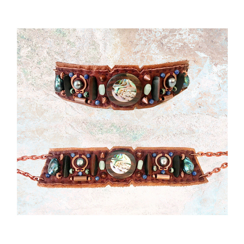 EMBELLISHED CHOKER : Abalone Inlaid Wood on Brown & Copper Leather G i l d e d   M a n e