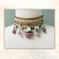 EMBELLISHED CHOKER : Amethyst & Amazonite on Taupe Leather G i l d e d   M a n e