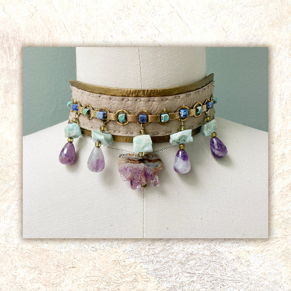 EMBELLISHED CHOKER : Amethyst & Amazonite on Taupe Leather G i l d e d   M a n e