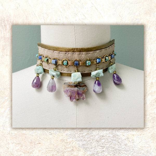 EMBELLISHED CHOKER : Amethyst & Amazonite on Taupe Leather G i l d e d   M a n e