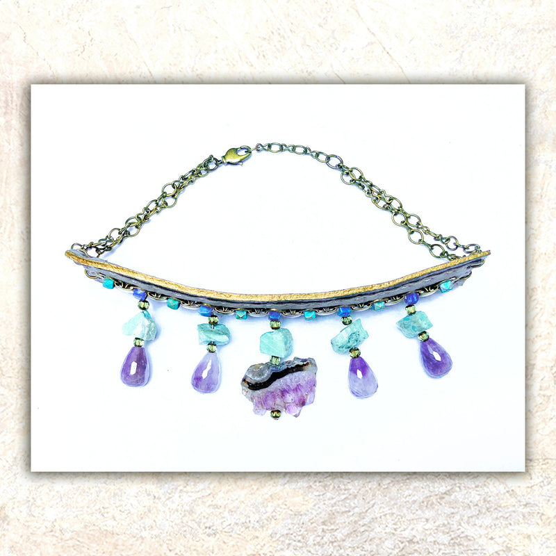 EMBELLISHED CHOKER : Amethyst & Amazonite on Taupe Leather G i l d e d   M a n e