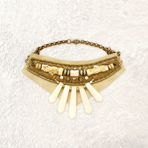 EMBELLISHED COLLAR : Bone, Mother-of-Pearl and Vintage Prayer Beads on Bronze & Ivory Leather G i l d e d   M a n e