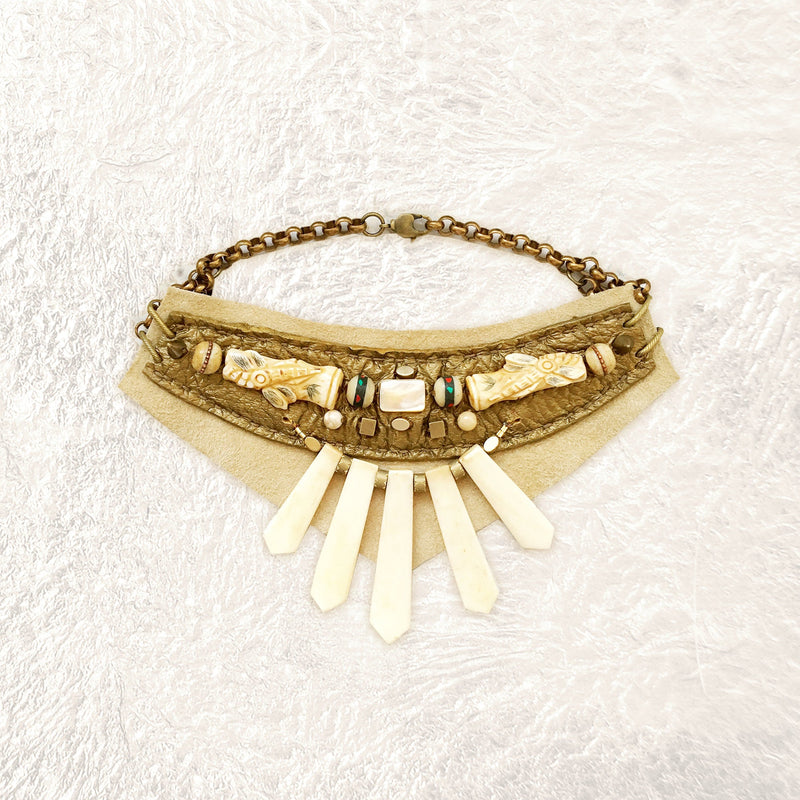EMBELLISHED COLLAR : Bone, Mother-of-Pearl and Vintage Prayer Beads on Bronze & Ivory Leather G i l d e d   M a n e