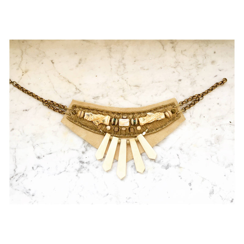 EMBELLISHED COLLAR : Bone, Mother-of-Pearl and Vintage Prayer Beads on Bronze & Ivory Leather G i l d e d   M a n e
