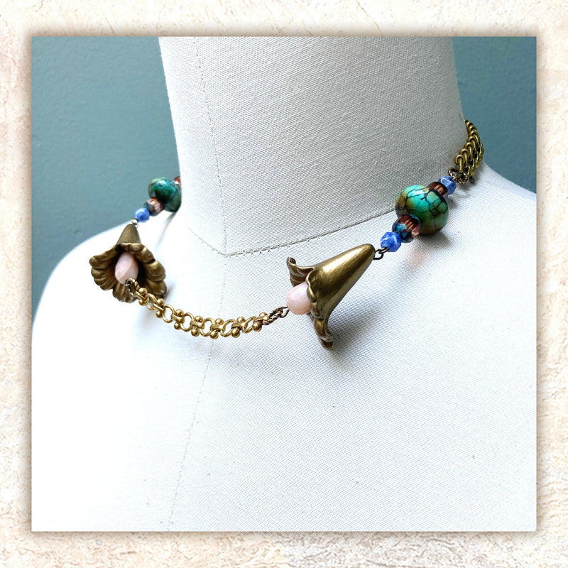 FLORAL BEADED COLLAR NECKLACE : Brass & Turquoise – G i l d e d M a n e