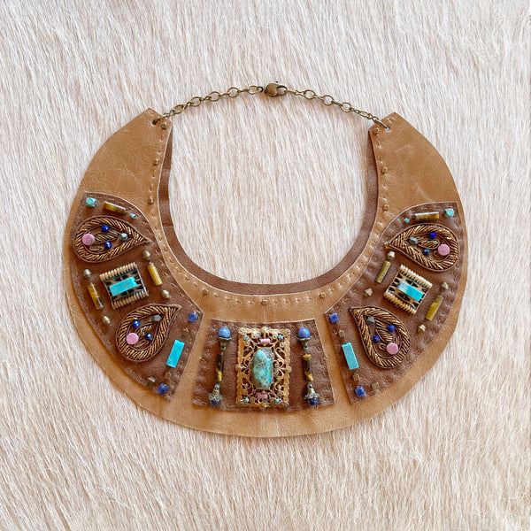 GAIA COLLAR : Turquoise & Zardozi on Camel Leather G i l d e d   M a n e