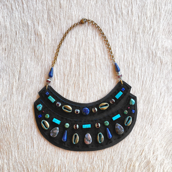 GAIA SHIELD NECKLACE : Turquoise & Jasper on Black Leather G i l d e d   M a n e