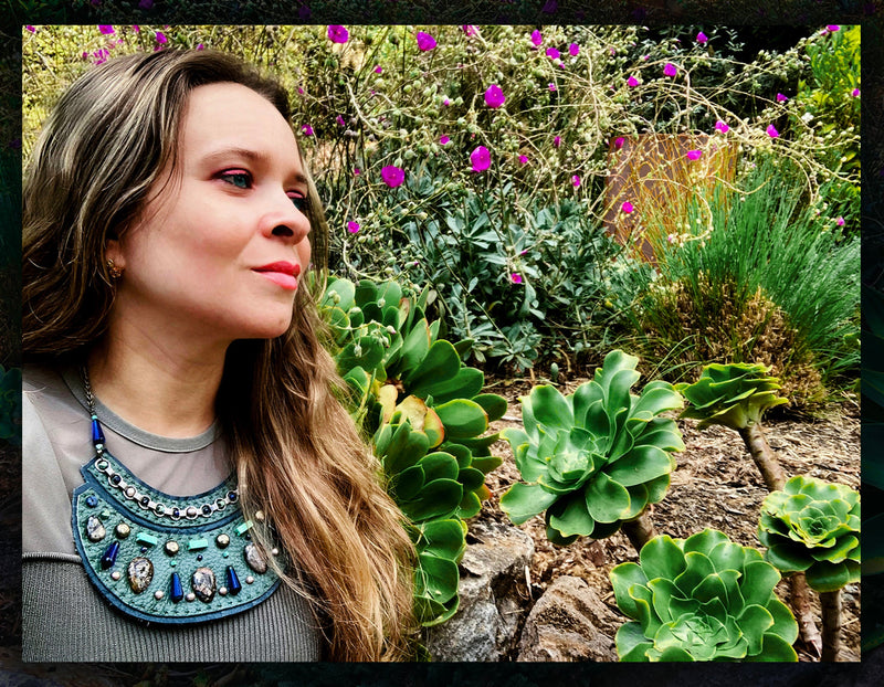GAIA SHIELD NECKLACE : Turquoise & Jasper on Teal Leather G i l d e d   M a n e