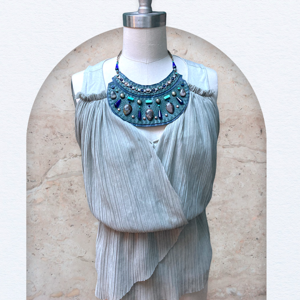 GAIA SHIELD NECKLACE : Turquoise & Jasper on Teal Leather G i l d e d   M a n e