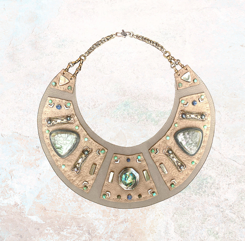 GAIA COLLAR : Abalone Shell on Taupe Grey Leather