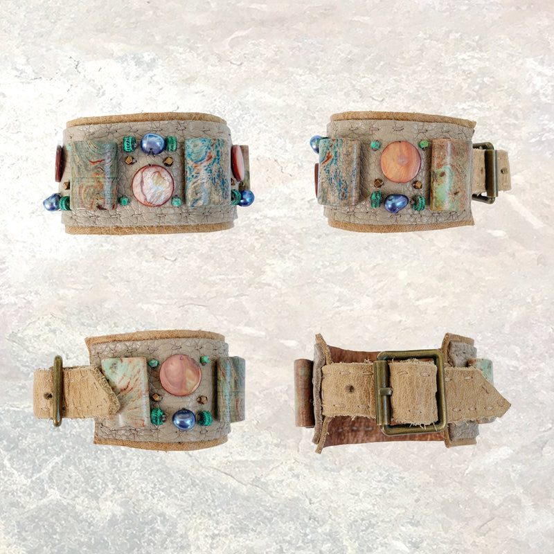 LEATHER CUFF : African "Turquoise" & Freshwater Pearl on Beige Leather G i l d e d   M a n e