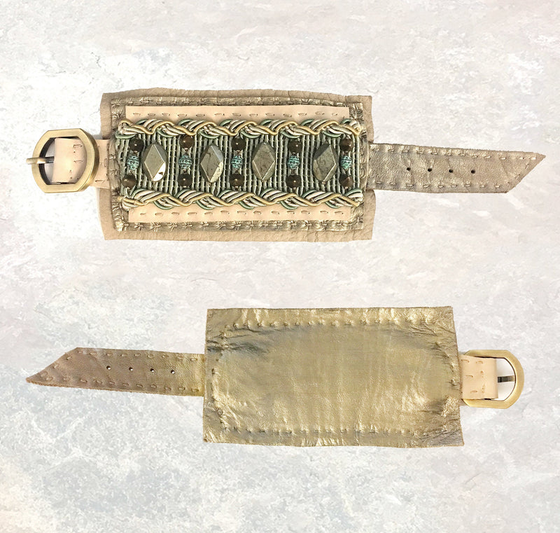 LEATHER CUFF : Pyrite & Oxidized Green Brass G i l d e d   M a n e