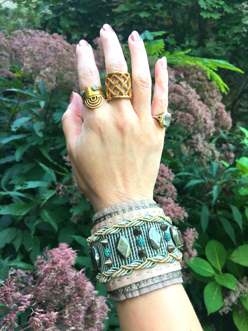 LEATHER CUFF : Pyrite & Oxidized Green Brass G i l d e d   M a n e