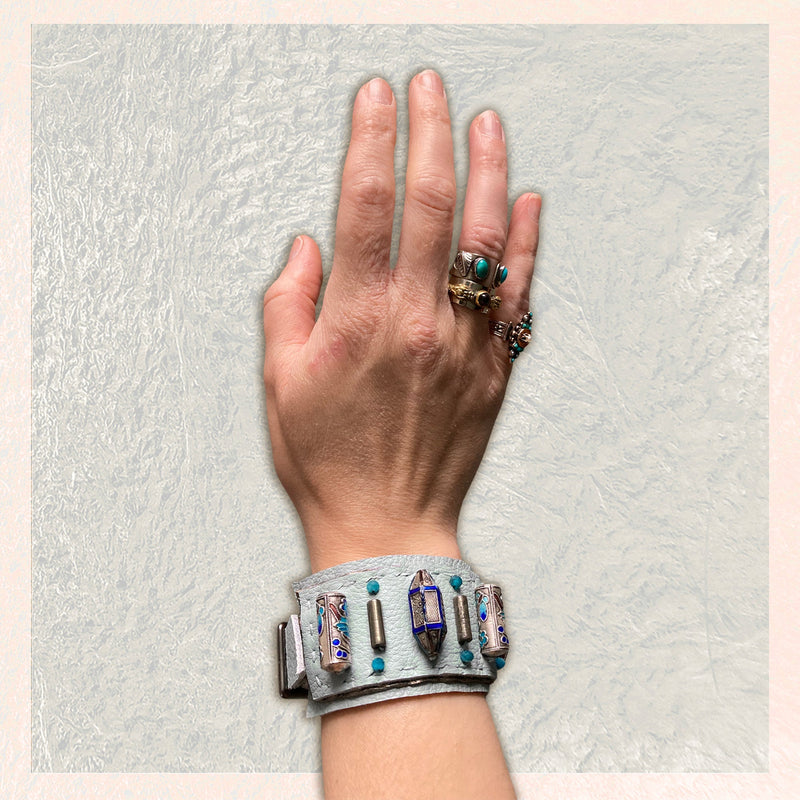 LEATHER CUFF : Vintage Cloisonne & Sky Blue Leather G i l d e d   M a n e