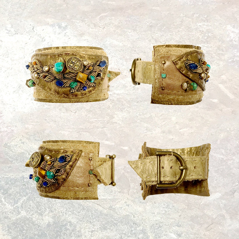 LEATHER CUFF : Zardozi, Turquoise & Tiger Eye G i l d e d   M a n e