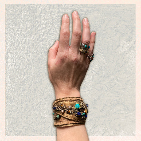 LEATHER CUFF : Zardozi, Turquoise & Tiger Eye G i l d e d   M a n e