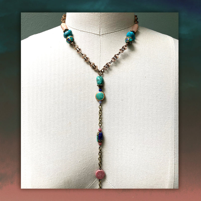 MERIDIAN CHAIN : Turquoise & Antique Brass Hearts G i l d e d   M a n e