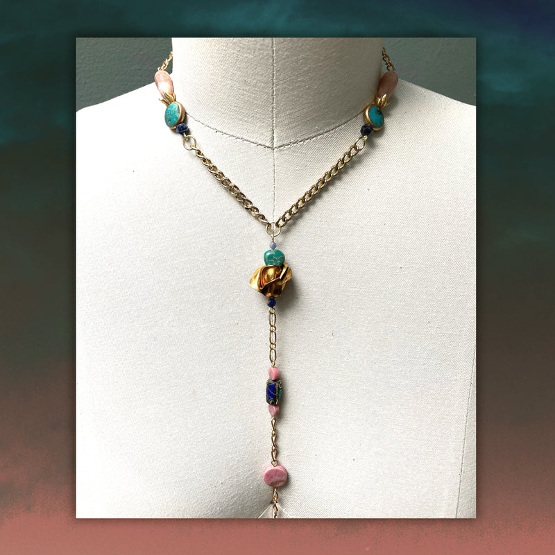MERIDIAN CHAIN : Turquoise & Brass Flowers G i l d e d   M a n e