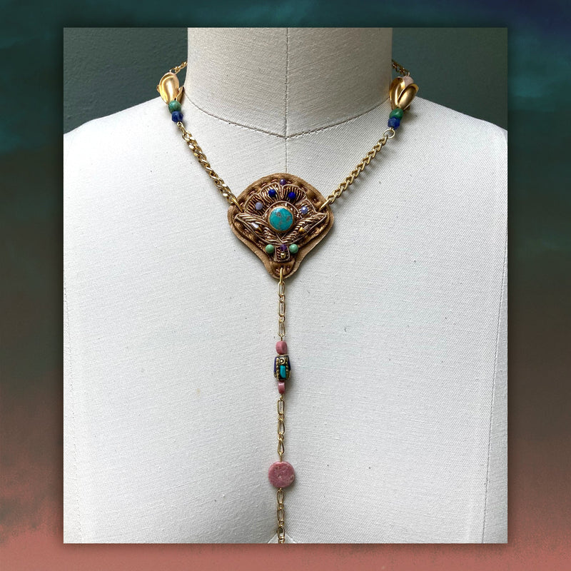 MERIDIAN CHAIN : Zardozi & Turquoise on Metallic Leather G i l d e d   M a n e