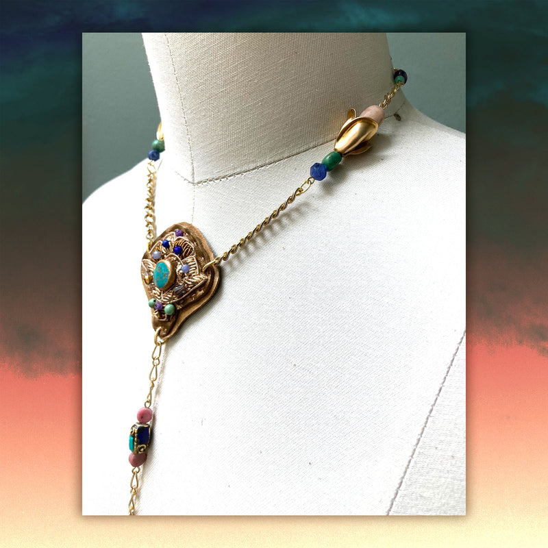 MERIDIAN CHAIN : Zardozi & Turquoise on Metallic Leather G i l d e d   M a n e
