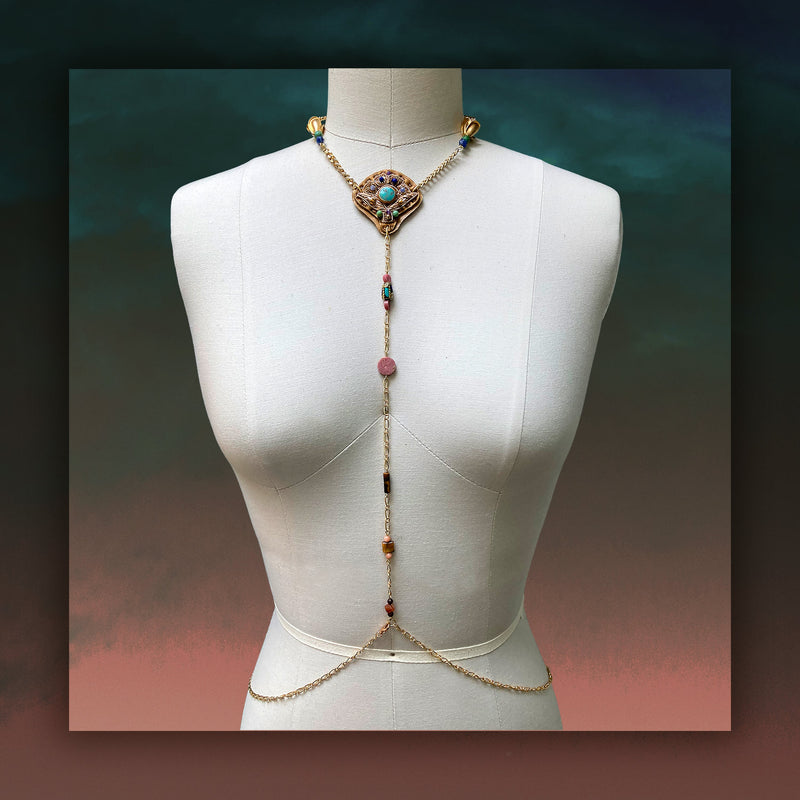 MERIDIAN CHAIN : Zardozi & Turquoise on Metallic Leather G i l d e d   M a n e