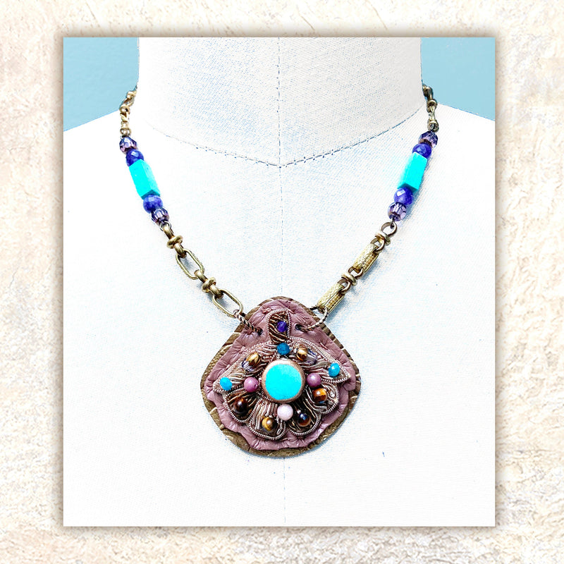 MERIDIAN PENDANT : Zardozi & Turquoise on Mauve Leather G i l d e d   M a n e