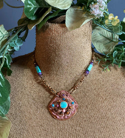 MERIDIAN PENDANT : Zardozi & Turquoise on Mauve Leather G i l d e d   M a n e