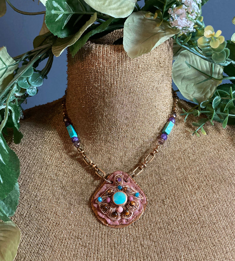 MERIDIAN PENDANT : Zardozi & Turquoise on Mauve Leather G i l d e d   M a n e