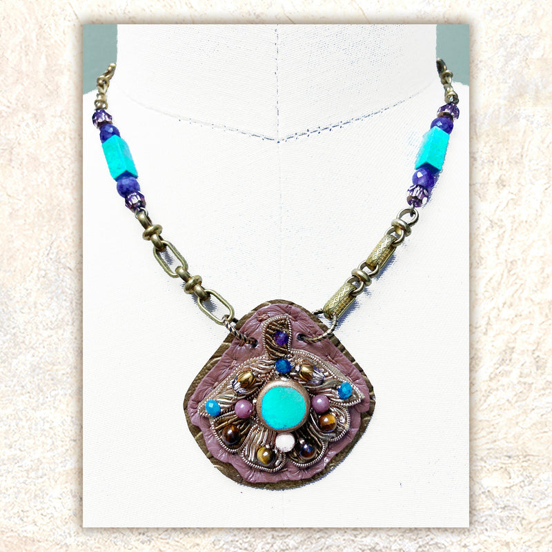 MERIDIAN PENDANT : Zardozi & Turquoise on Mauve Leather G i l d e d   M a n e