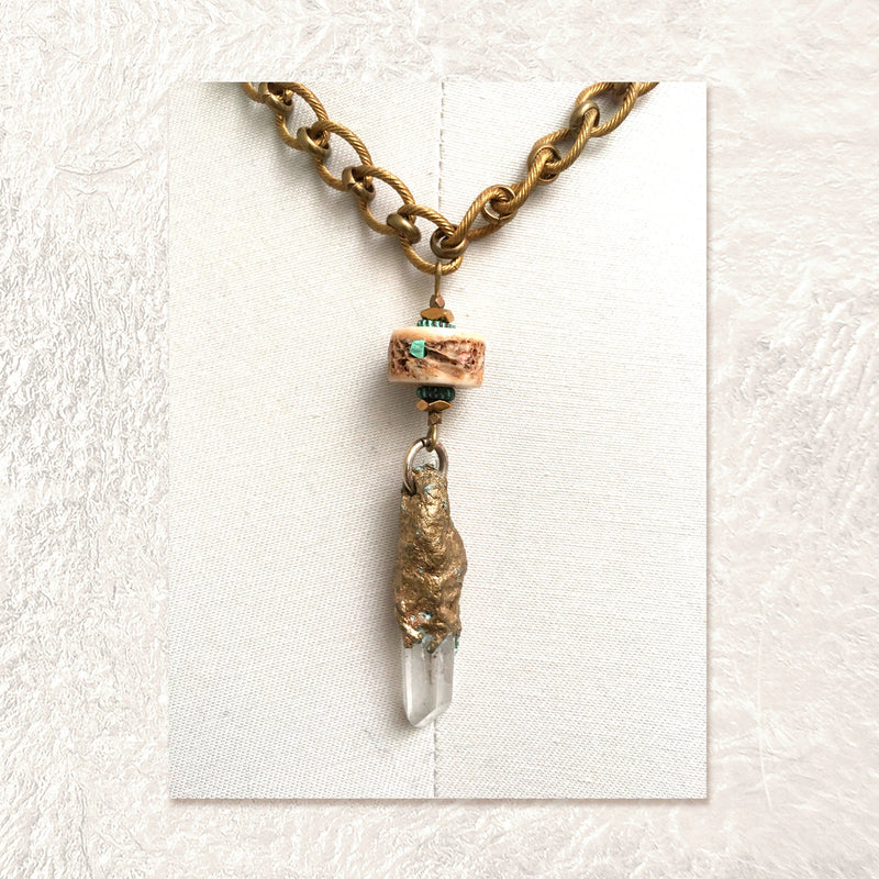PENDANT NECKLACE : Mineral Pendant w/ Vertebrae Disc Inlaid with Turquoise & Coral G i l d e d   M a n e