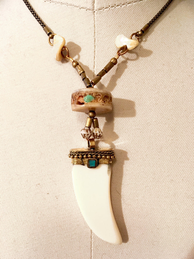 PENDANT NECKLACE  : Tooth Shaped Bone w/ Vertebrae Disc Inlaid with Turquoise & Coral G i l d e d   M a n e